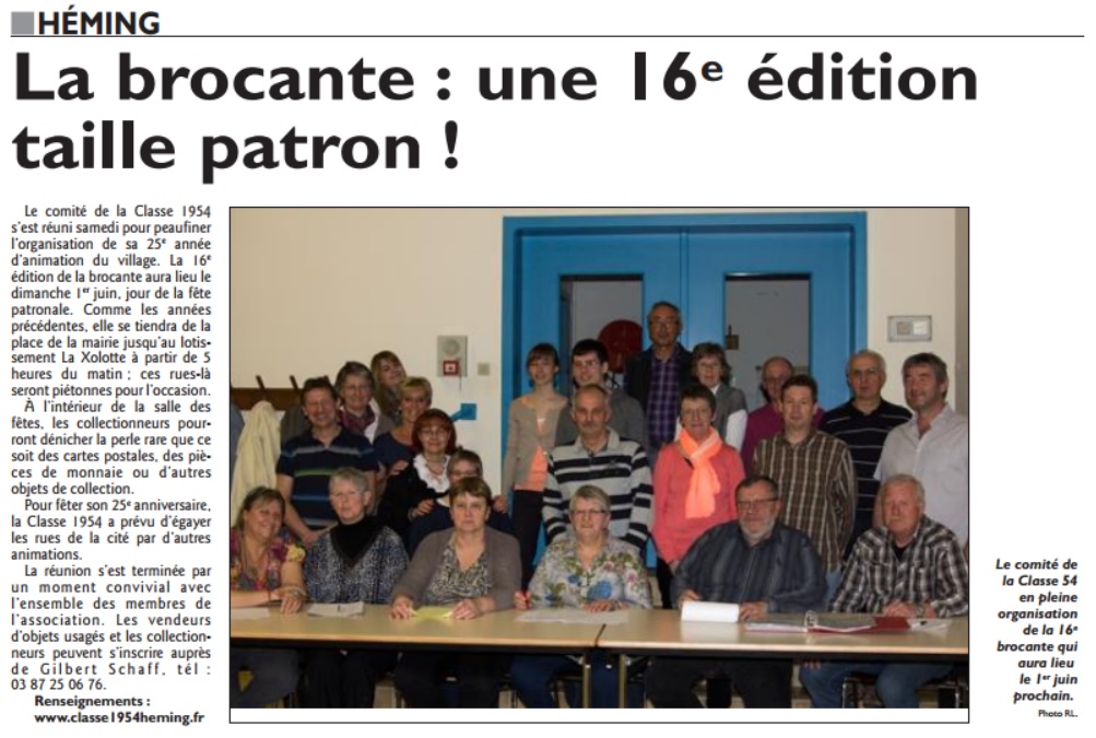 Républicain Lorrain du 26/04/2014 : 16ème brocante à Héming ! 